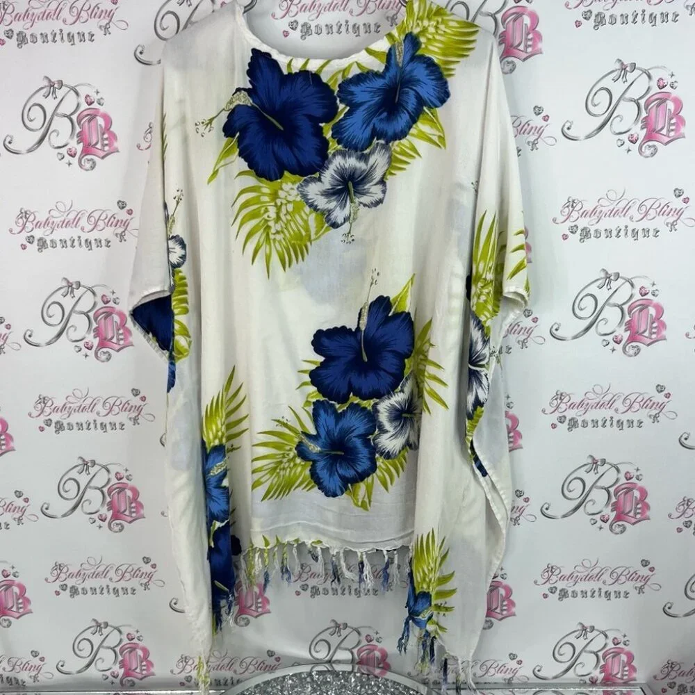 Coverup Hawaii style flowers hibiscus 🌺 white blue green dress cover up beach
